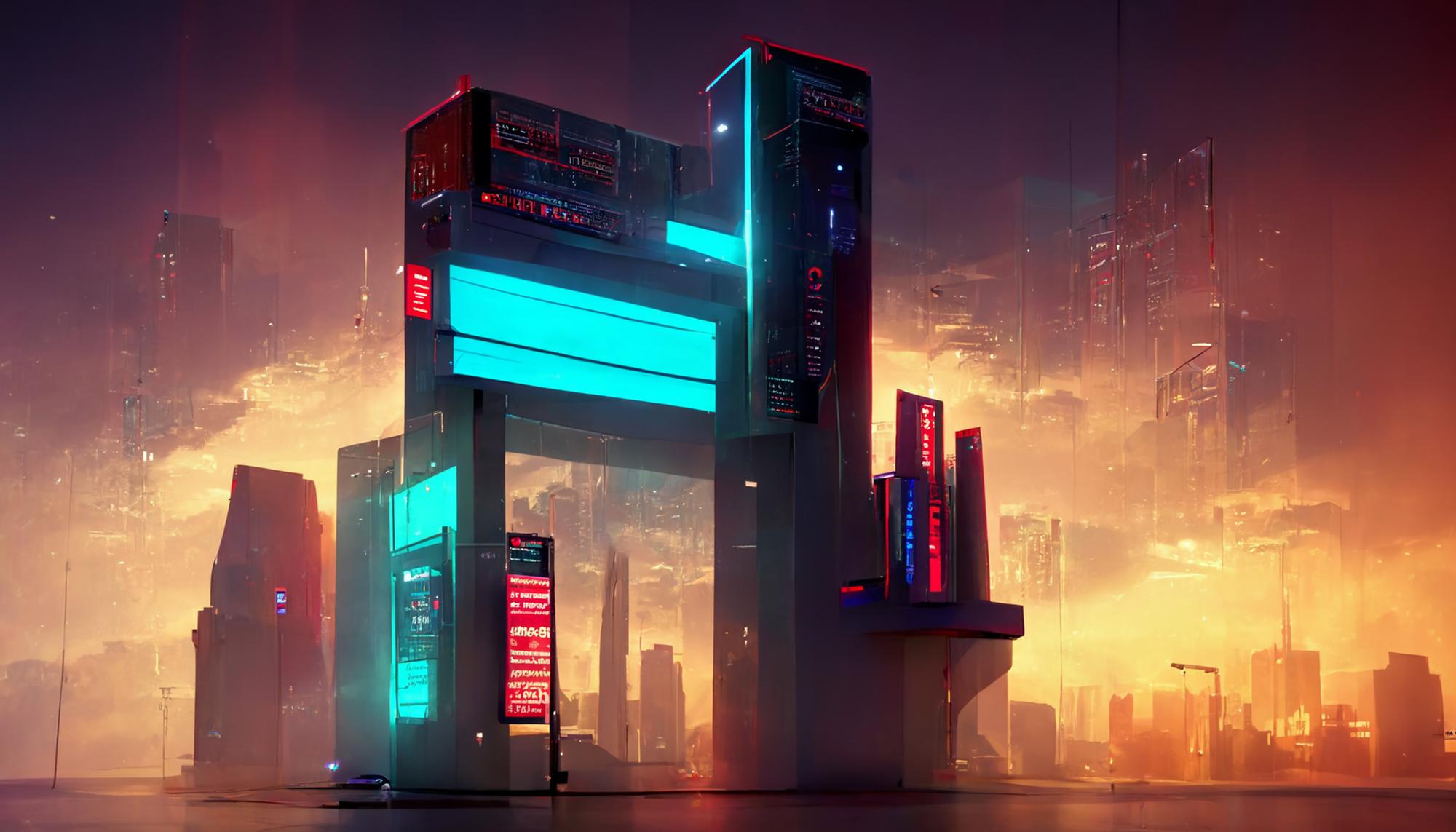 Cinematic game scene with neon city