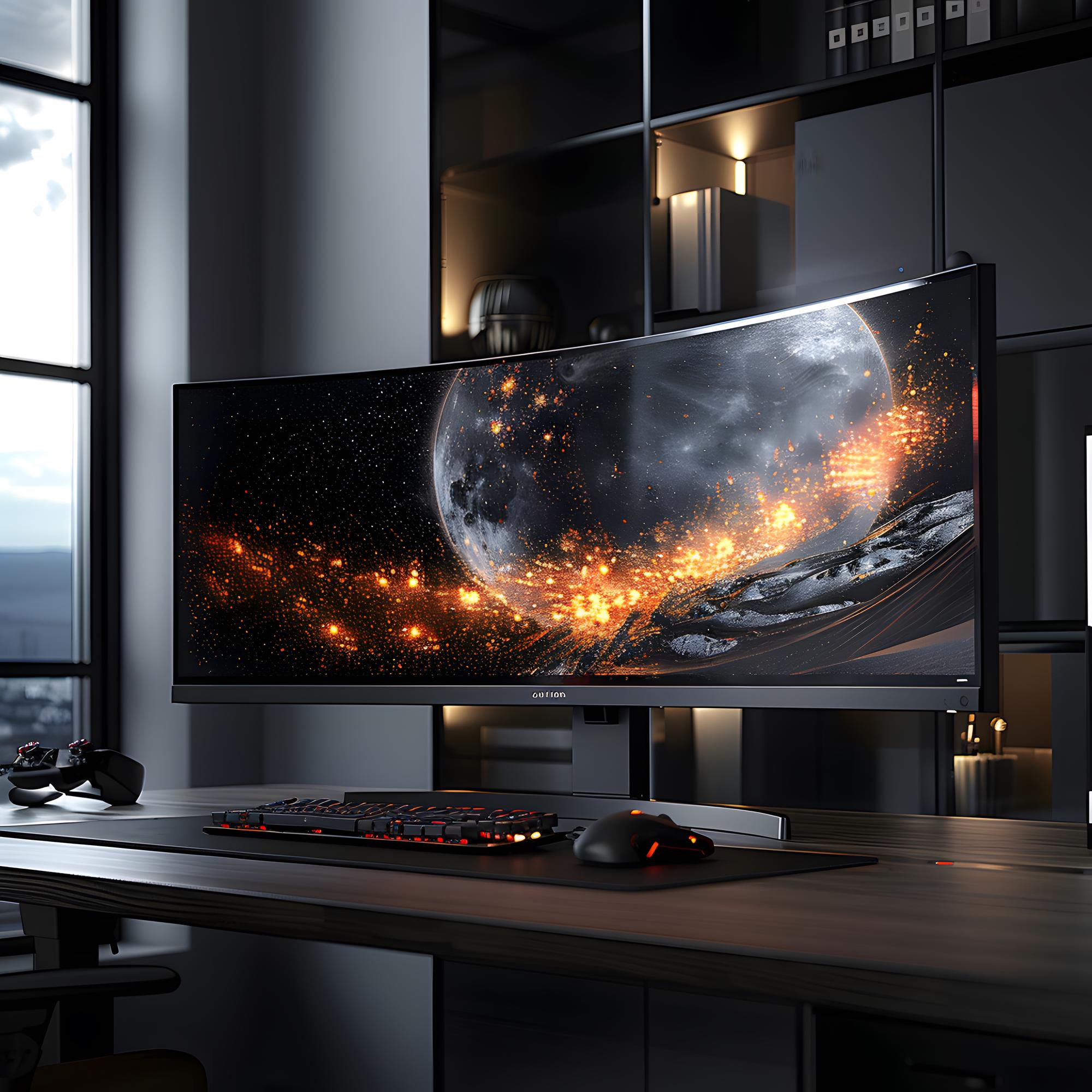 Lux gaming setup with curved monitor and ambient lighting